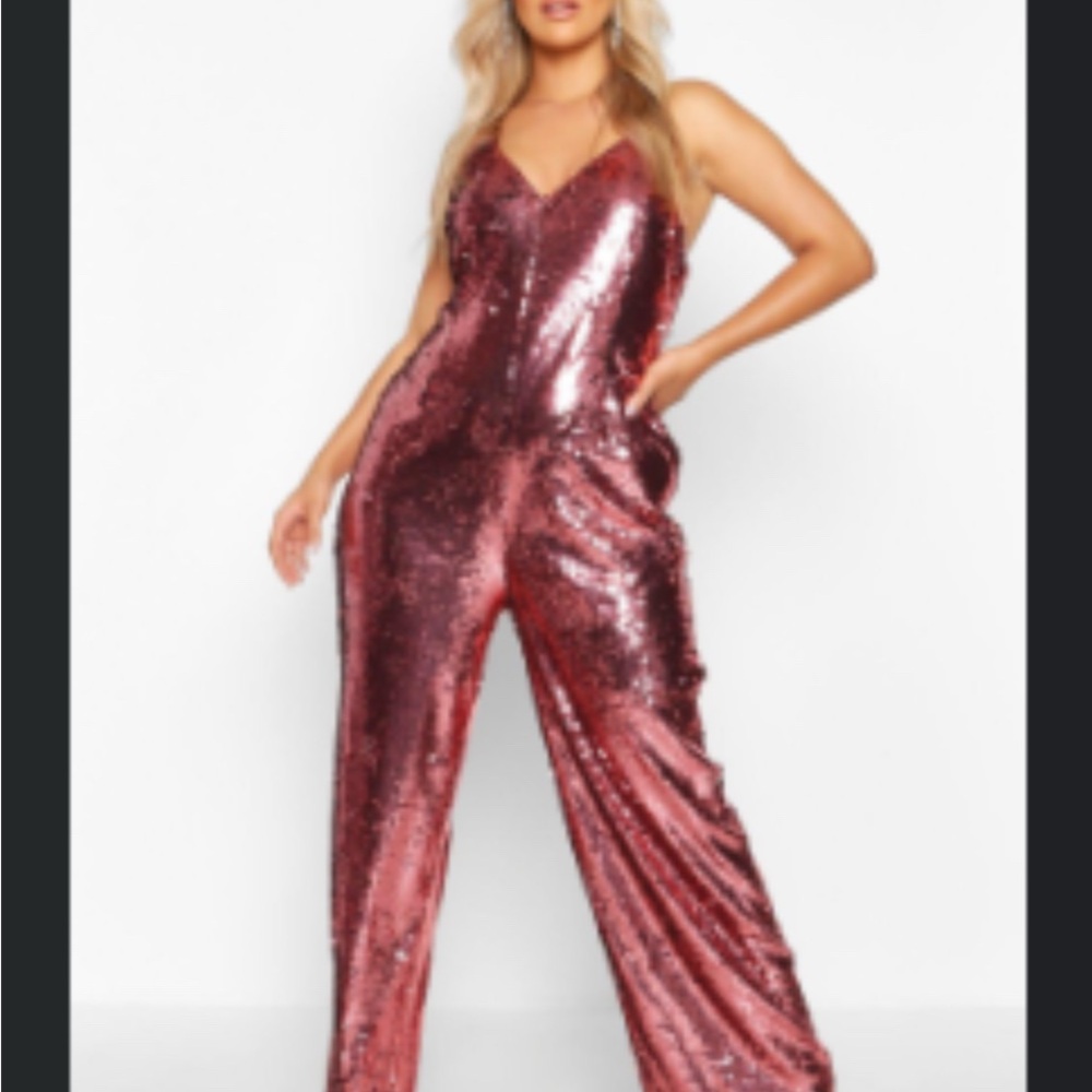 Boohoo Plus Sequin V-Neck Jumpsuit pink